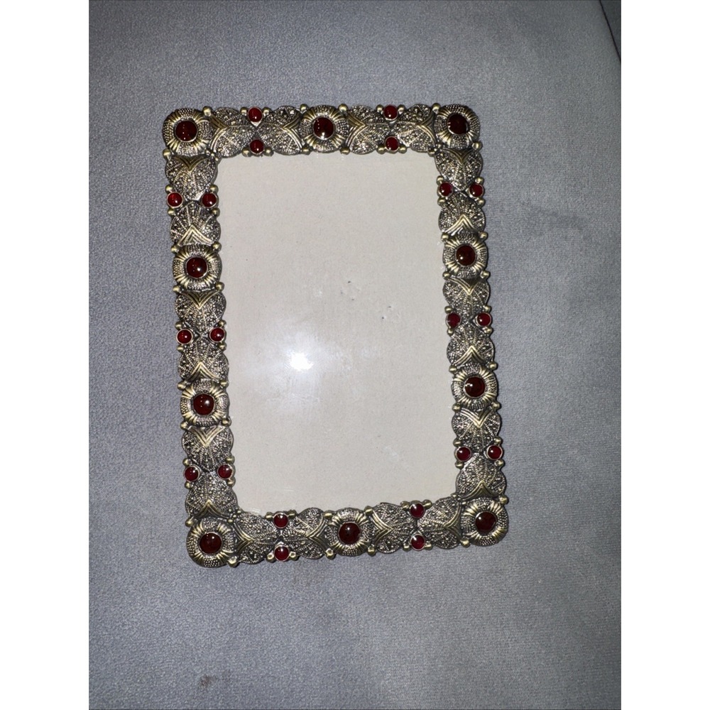 Silver Pewter? Metal‎ Picture Frame Red Clear Rhinestones 5.75"x3.75" Photos